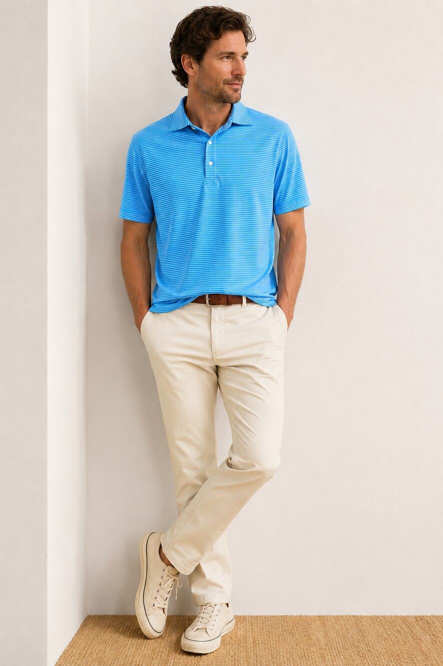 Criquet Performance Polo Shirt Men's Large Blue Pink Preppy Striped Golf Polo